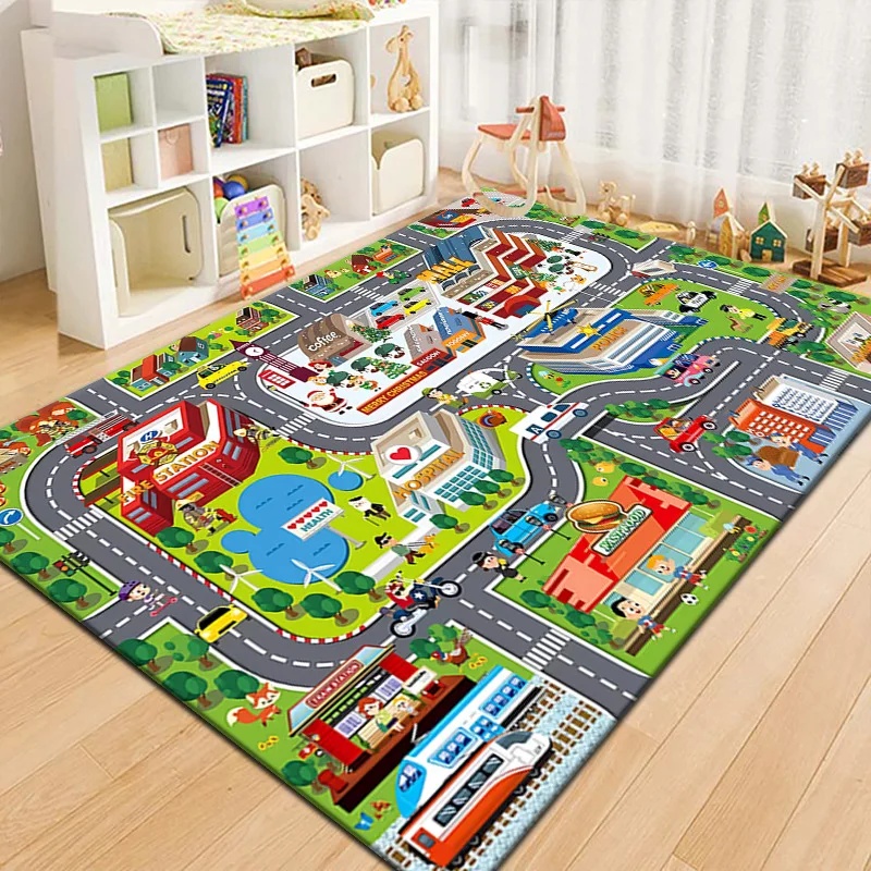 Outdoor Adventure For Kids - Kleurrijk kinderstadkaart speelkleed, verkeersavontuur speelmat voor